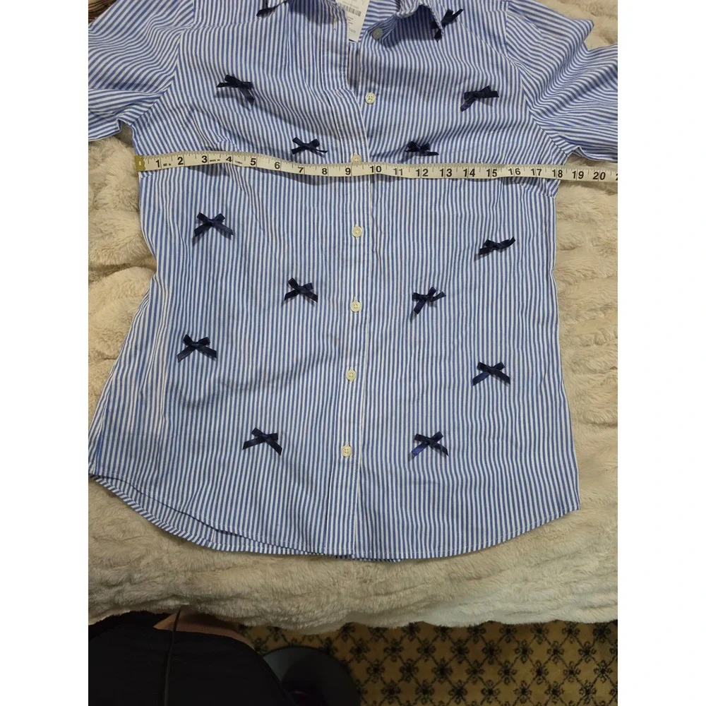 J.Crew Blue White Striped Bow Applique Cotton Blend Button Down Shirt CP808 S